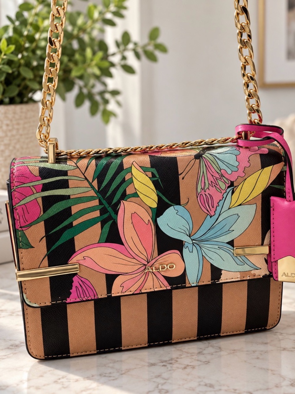 ALDO Floral Stripe Crossbody Bag in Tan, Black & Pink